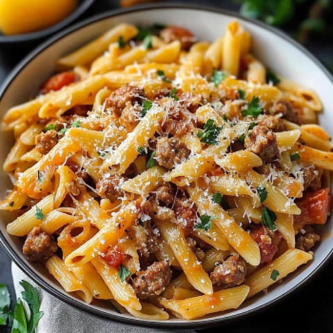 A bowl of pasta with sausage and peppers.
