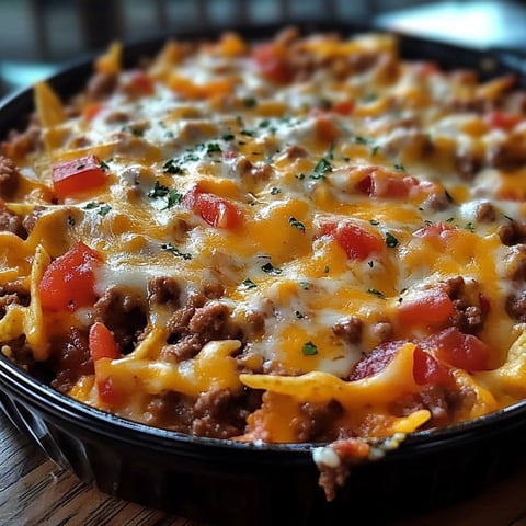 A Mexican casserole with tomatoes, cheese, and meat.