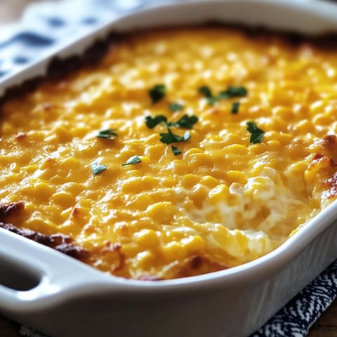 A white bowl filled with corn casserole.
