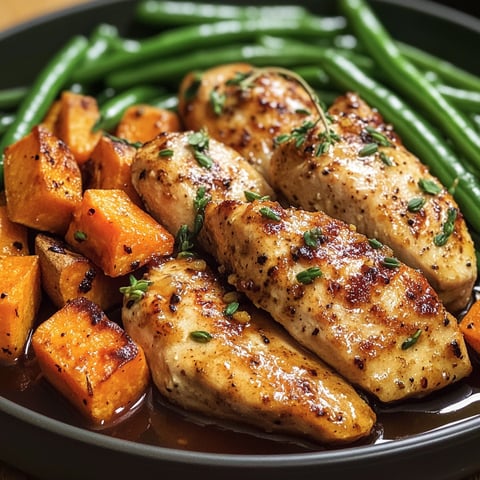 A plate of chicken with sweet potatoes and green beans.