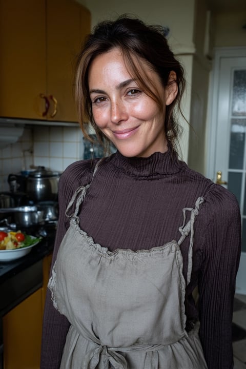 A woman wearing a brown shirt and apron is smiling.