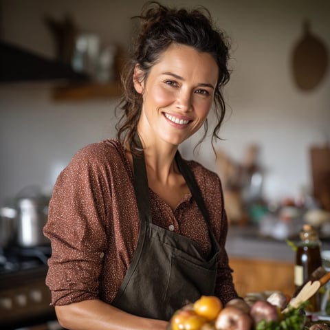 A woman wearing an apron and smiling.
