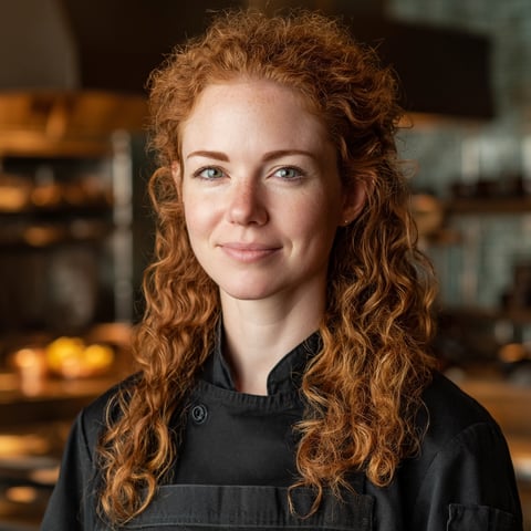 A woman with red hair and a black shirt.