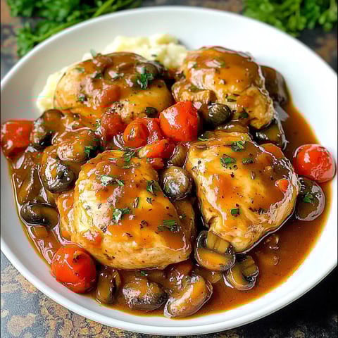 A plate of Chicken Chasseur with mushrooms and tomatoes.