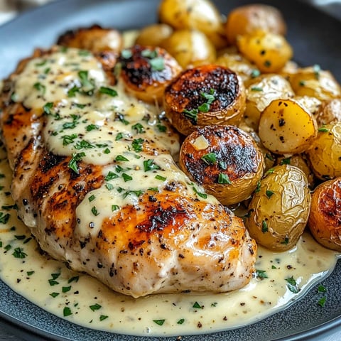 Creamy garlic chicken with crispy baby potatoes on a plate.