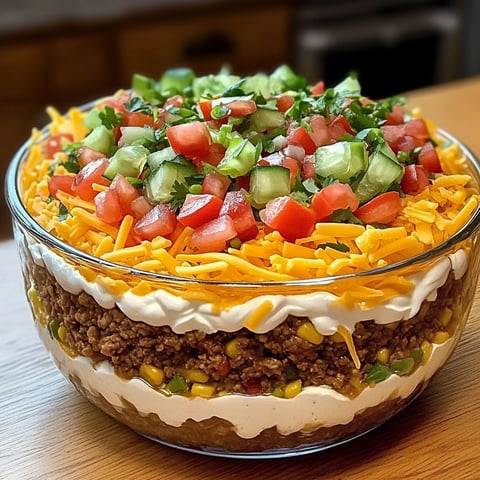 A delicious Seven-Layer Taco Dip is displayed in a glass bowl, topped with a variety of fresh vegetables and cheese.