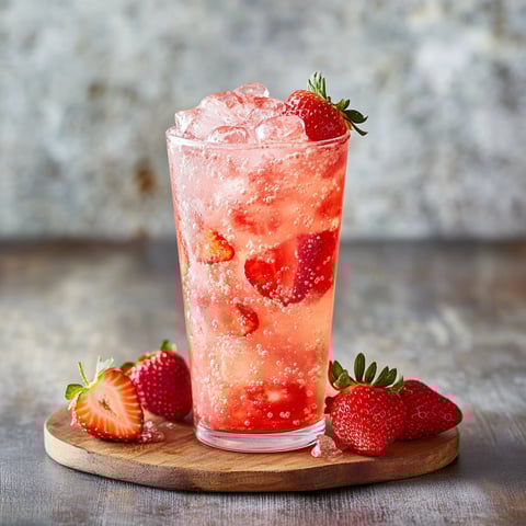 A glass of Strawberry Dirty Sprite Recipe is served with a few strawberries on the side.