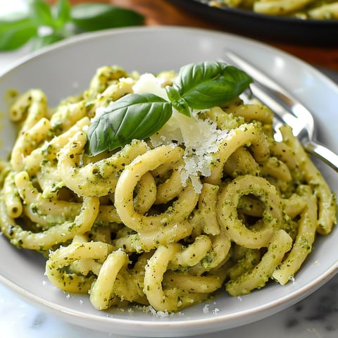 A bowl of Creamy Pesto Pasta with a fork on the side.