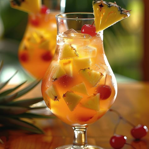 A glass of Pina Colada Sangria is filled with fruit and served in a wooden setting.