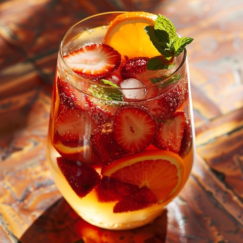A glass of Strawberry White Wine Sangria with Mint is displayed on a table.