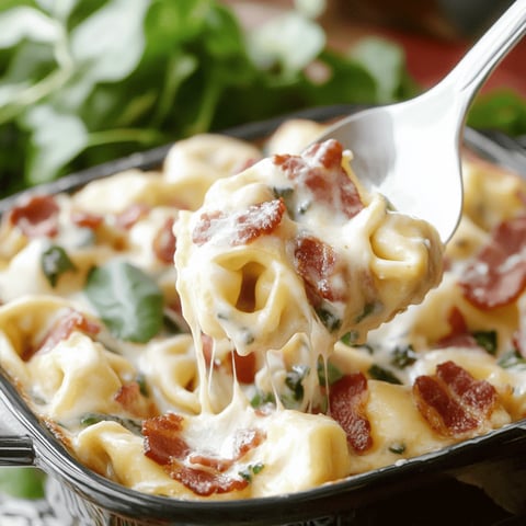 A fork diving into cheesy bacon tortellini and broccoli.