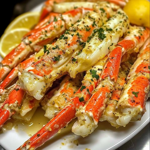 A plate of garlic butter crab legs with lemon wedges on the side.