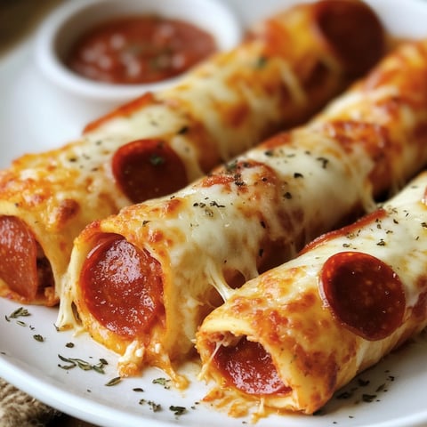 A plate of cheesy pepperoni pizza roll ups, served with a side of marinara sauce.