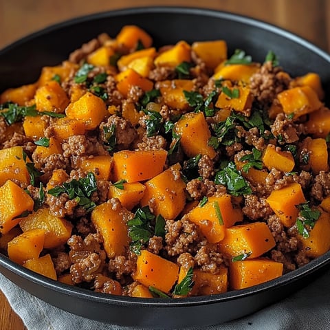 A delicious Ground Turkey Sweet Potato Skillet is ready to be served.