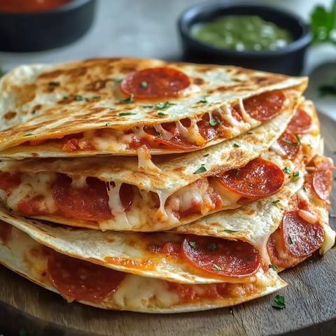 A stack of pepperoni pizza quesadillas on a wooden cutting board.