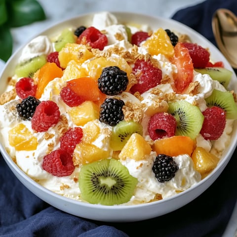 A bowl of fruit salad with a variety of fruits including kiwi, strawberries, and oranges.