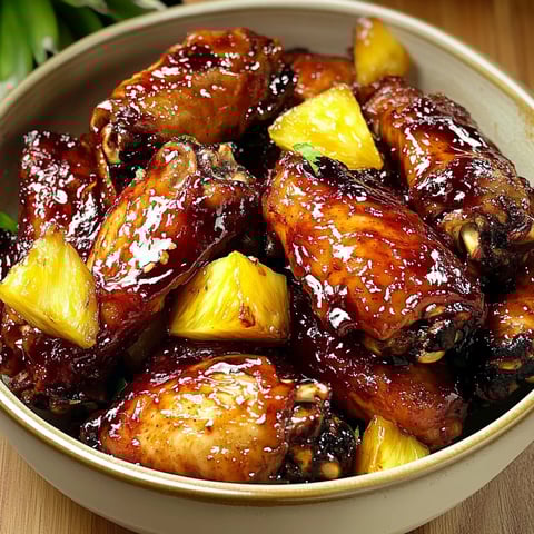 A bowl of chicken wings covered in a brown sugar pineapple sauce.