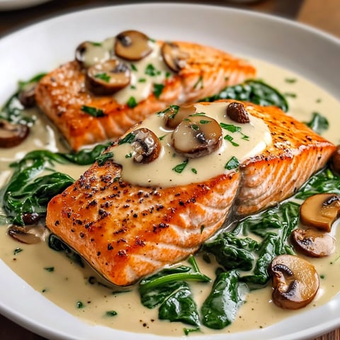 A plate of salmon with mushrooms and spinach, topped with a creamy garlic butter sauce.