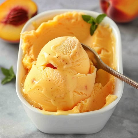 A bowl of peach sorbet with a spoon in it.