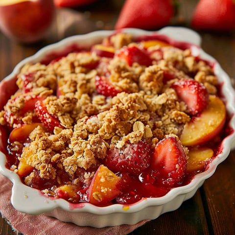 A delicious dessert made with strawberries and peaches, topped with a crumbly topping.