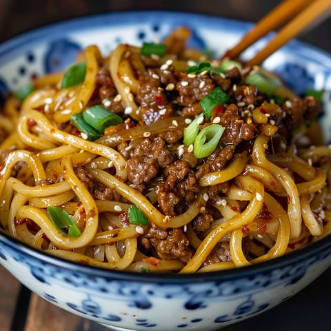 A bowl of noodles with ground beef and vegetables, such as peppers and onions, is ready to be eaten.