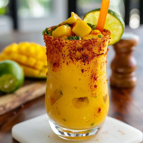 A glass of Mangonada Mocktail is served with a slice of lime and a pineapple wedge.
