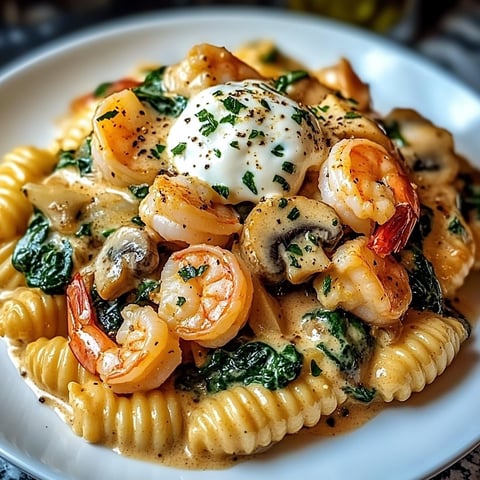 Creamy Spinach Mushroom Shrimp Shells served on a plate, creamy and inviting.