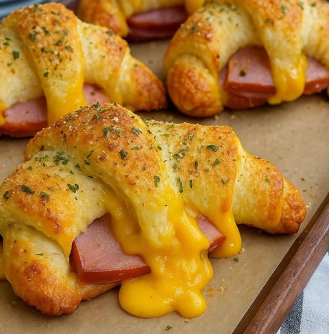 A dish stacked with ham and cheddar crescent roll-ups, gooey cheese spilling out.