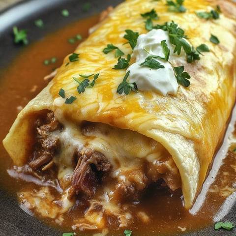 A mouthwatering Creamy Chile Colorado Burrito sits on a plate.