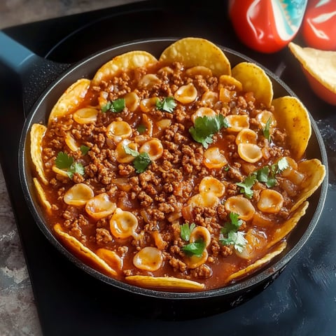 A delicious meal of conchitas with ground beef is cooking in a skillet.