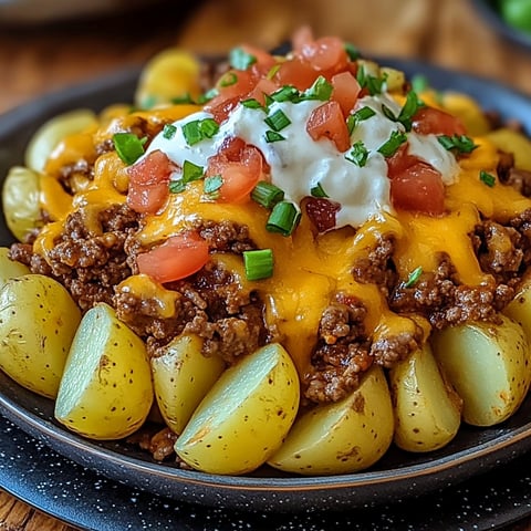 A delicious cheesy taco potatoes dish is served in a bowl, topped with tomatoes and green onions.
