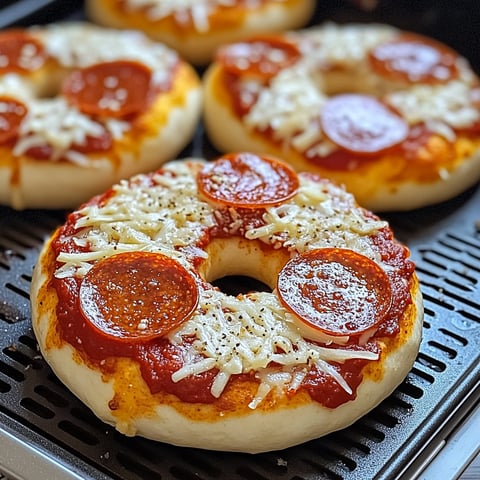 A homemade air fryer pizza bagel with pepperoni and cheese.