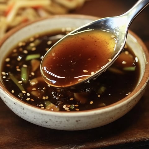 A spoon is being used to scoop up a delicious stir fry sauce from a bowl.