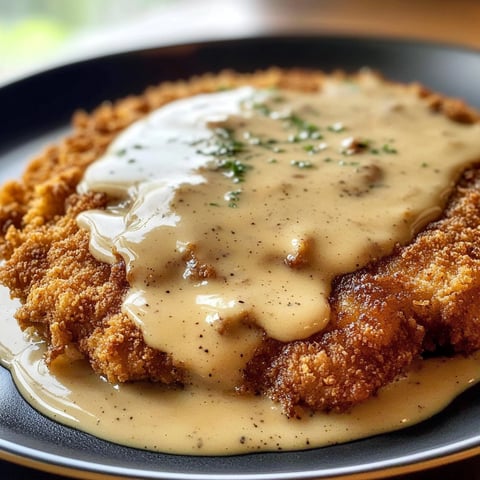 A delicious Crispy Buttermilk Chicken Fried Steak with Country Gravy is served on a plate.