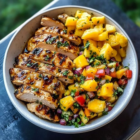 A bowl of Lemon Ginger Chicken with Pineapple Mango Salsa.