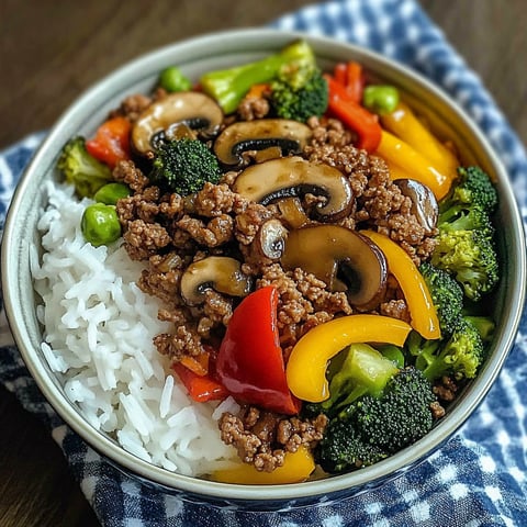 A bowl of ground beef and vegetable stir-fry, including broccoli, carrots, and peppers, is served on a table.
