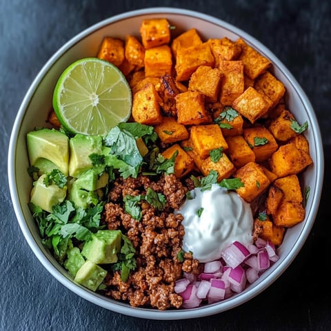 A bowl filled with a variety of foods, including sweet potatoes, onions, and limes, is presented in a Sweet Potato Taco Bowl recipe.