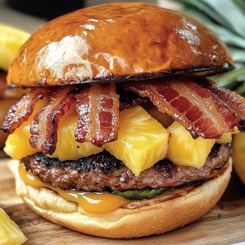 A delicious Pineapple Bacon Burger BBQ is served on a wooden table.