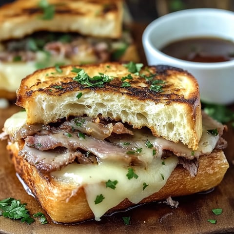 A close up of a delicious Texas Toast French Dip sandwich.