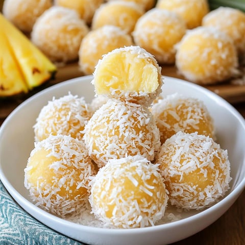 A bowl of tropical pineapple coconut balls with a pineapple slice on the side.