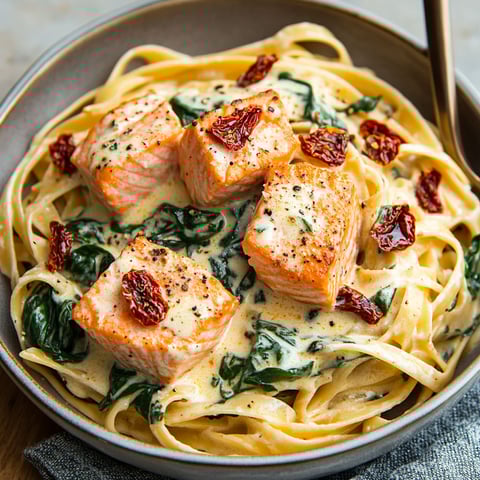 A dish of Creamy Tuscan Salmon Pasta with a fork on the side.