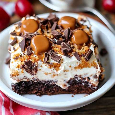 A slice of Butterfinger Bomb Cake with chocolate and caramel toppings.