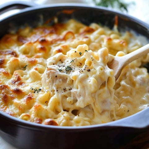 A delicious French Onion Chicken Macaroni and Cheese dish is served in a bowl.