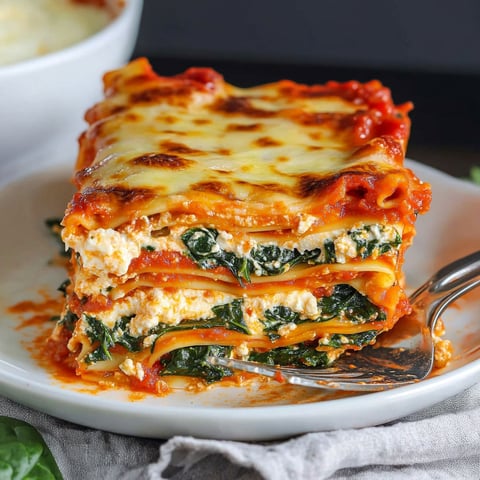 A slice of Ultimate Spinach Lasagna 3 Cheeses is served on a white plate.