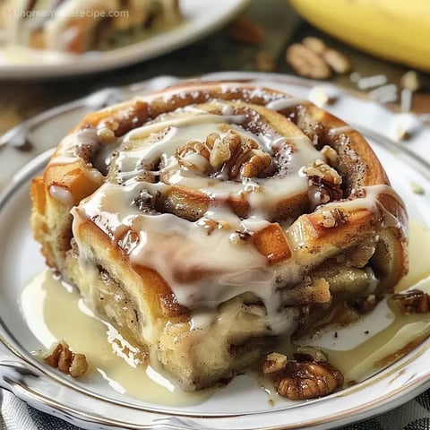 A plate of Banana Bread Cinnamon Rolls with icing dripping off.