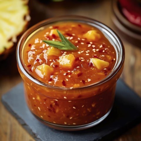 A glass bowl filled with a sweet chili pineapple sauce.