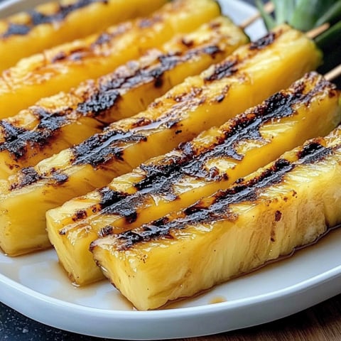 A delicious brown sugar grilled pineapple is served on a white plate.
