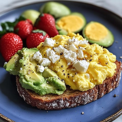 A plate of Avocado Toast with Scrambled Eggs and Fresh Fruit.