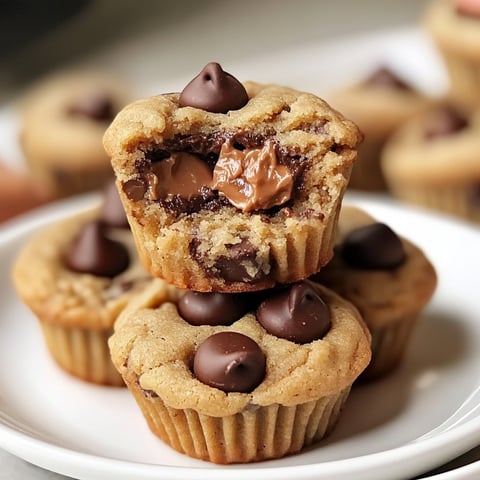 A plate with four miniature chocolate chip cookies with peanut butter and chocolate chips on top.