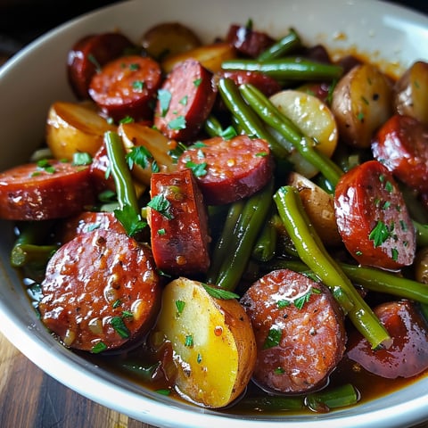 A bowl of delicious crockpot kielbasa and green beans, ready to be enjoyed.